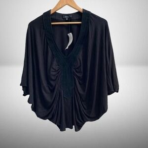 NEW Sky Women V-Neck Batwing Blouse Suede Trim Black XS